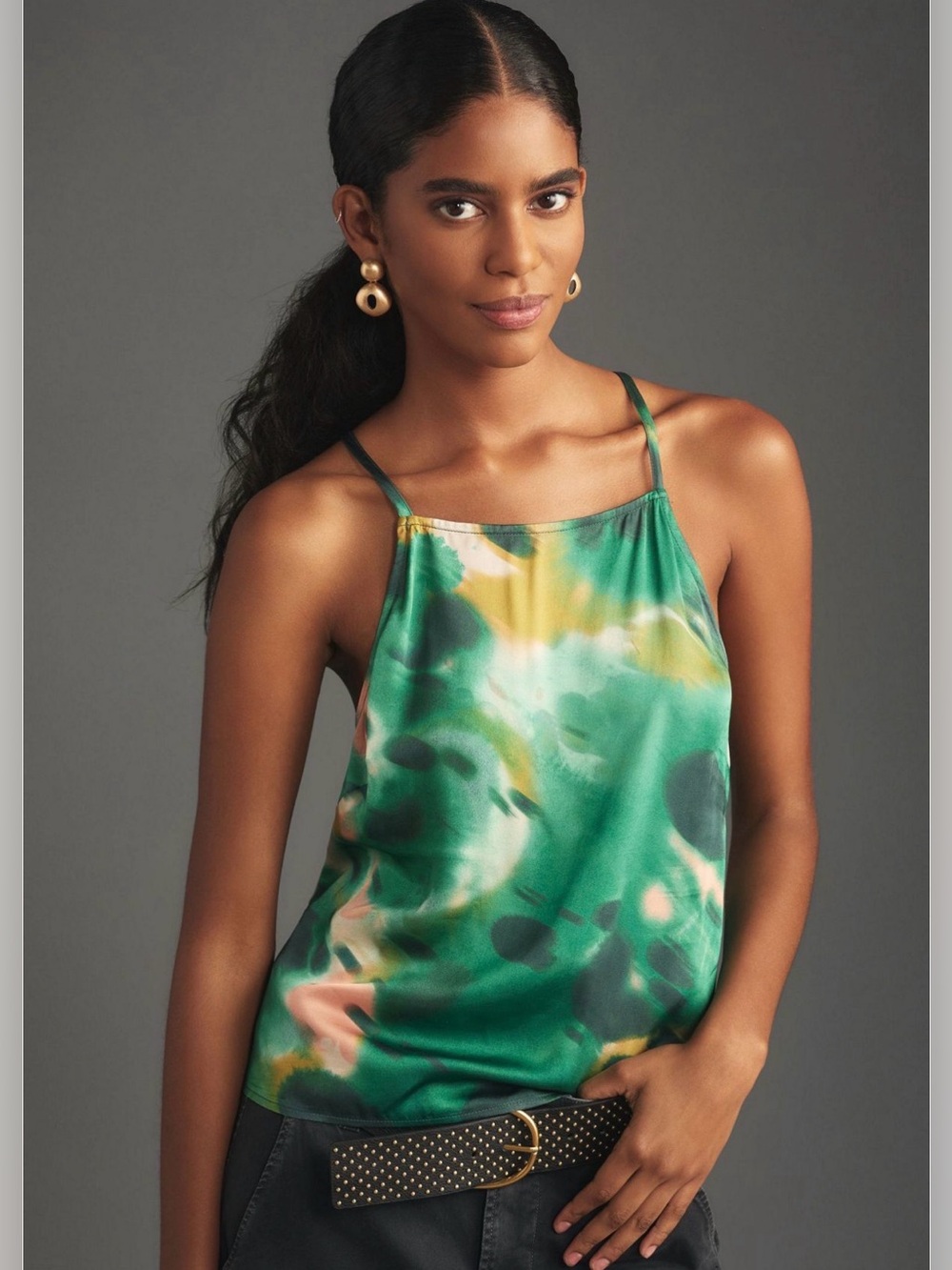Anthropologie Green Tie-Dye Satin Camisole sleeveless tank Pink Yellow Accents